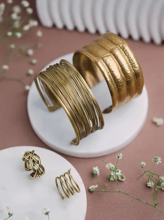 Brass Tone Bohemian Cuff Bracelets & Rings Set